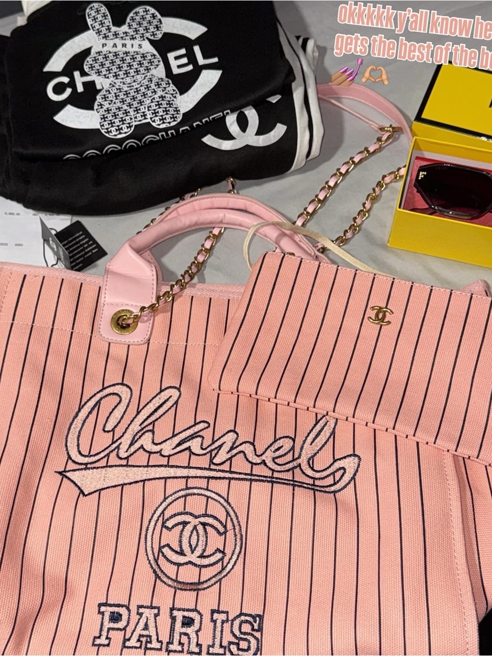 Chanel Pink Striped Canvas Tote with Chain Strap